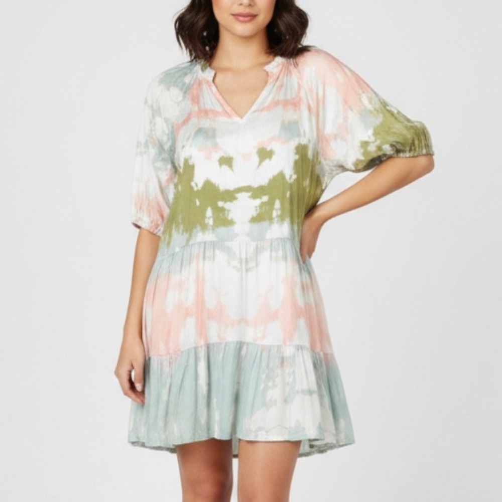 NWT Sofia Italy SILKY WATERCOLOR TIE-DYE TIERED DRESS Puff Sleeve Pastels OS/S/M